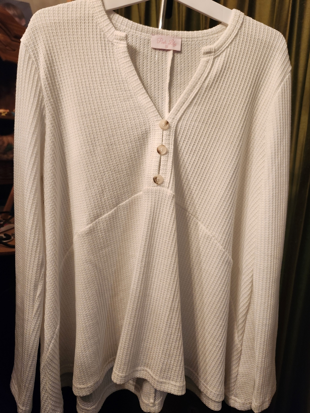 Pink Lily Cream Waffle Knit Henley Pullover